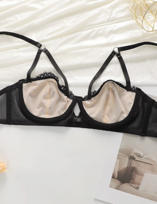 Elegant Lace Hollow Bra & Panty Set – Underwire 3/4 Cup Lingerie